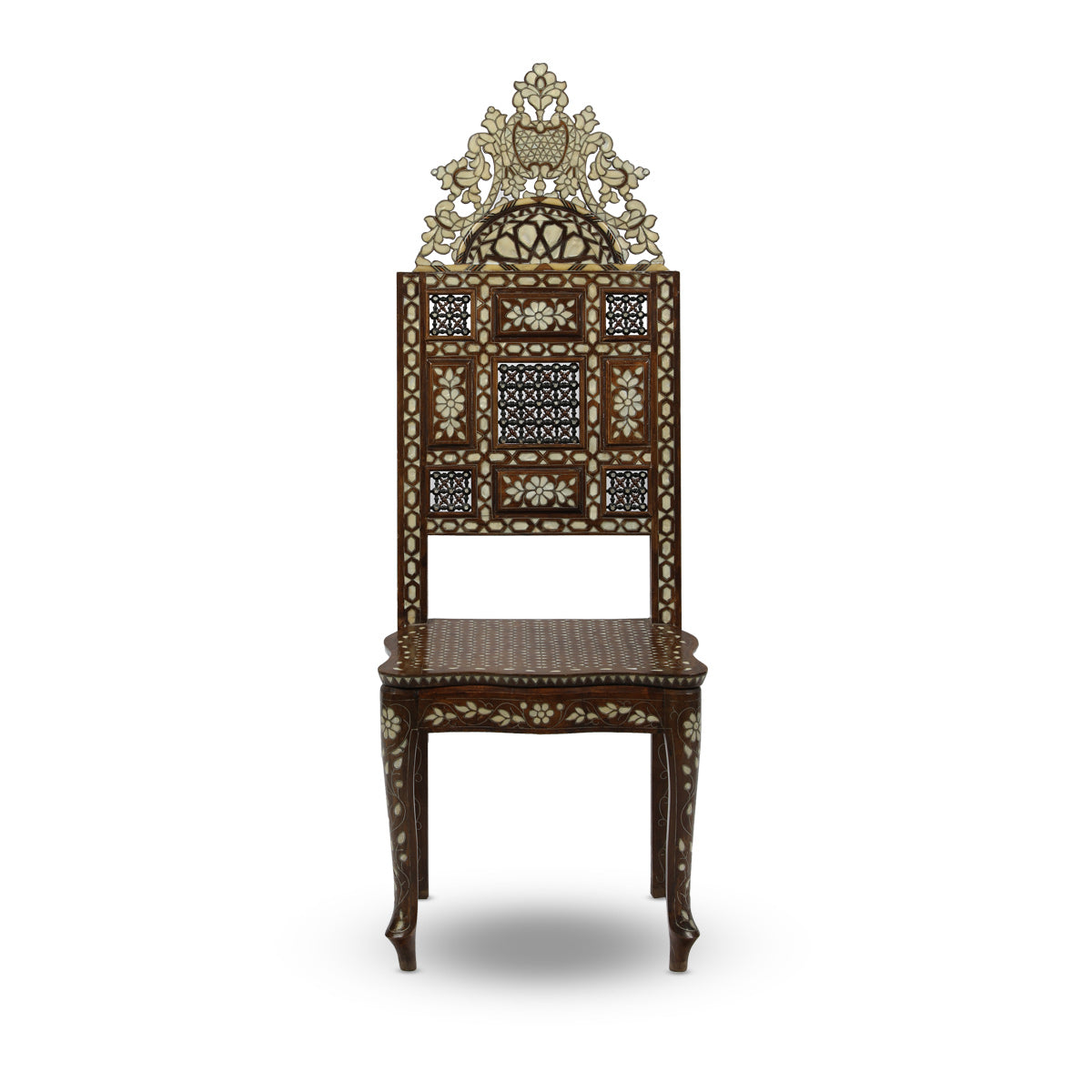 Front View of Mother of Pearl Inlaid Syrian Flat Seater Chair