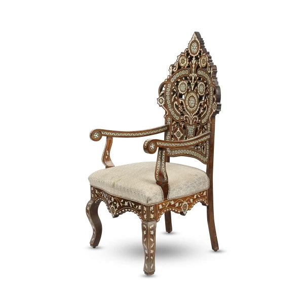 Angled Side View of Mother of Pearl Inlaid Upholstered Syrian Chair