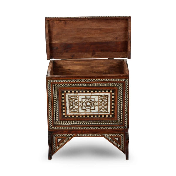 Front View of Mother of Pearl Inlaid Wooden Baby Console with Open Top
