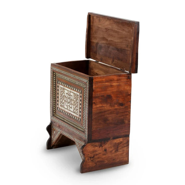 Angled Side View of Mother of Pearl Inlaid Wooden Baby Console with Open Top