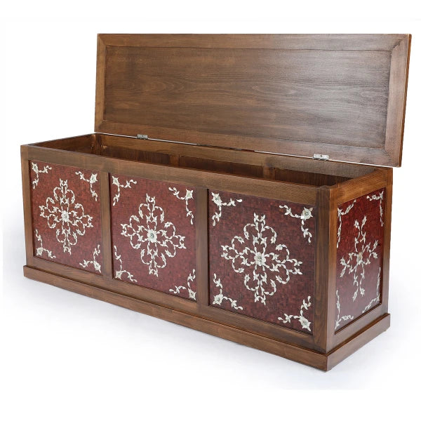 Angled Side View of Mother of Pearl Inlaid Wooden Chest with Open Top