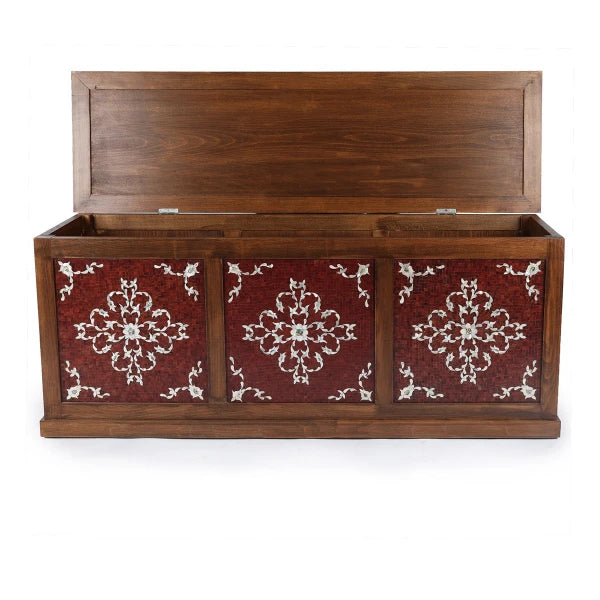 Front View of Mother of Pearl Inlaid Wooden Chest with Open Top