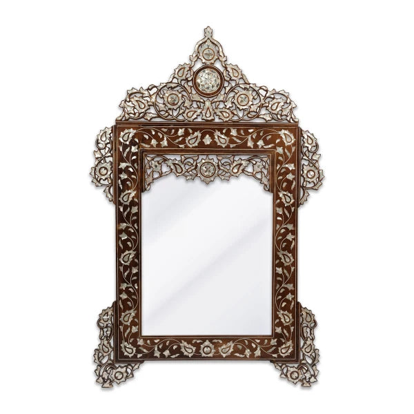 Front View of Mother of Pearl Inlaid Wooden Wall Mirror