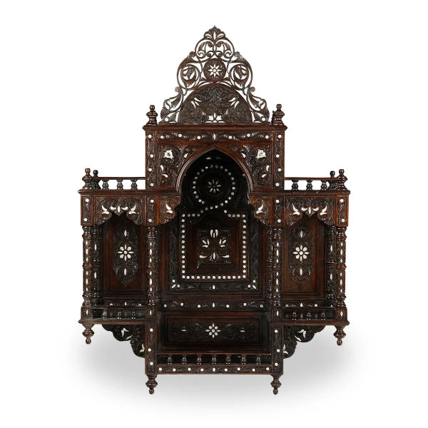 Front View of Mother of Pearl Inlay Carved Wooden Cabinet with Shelves