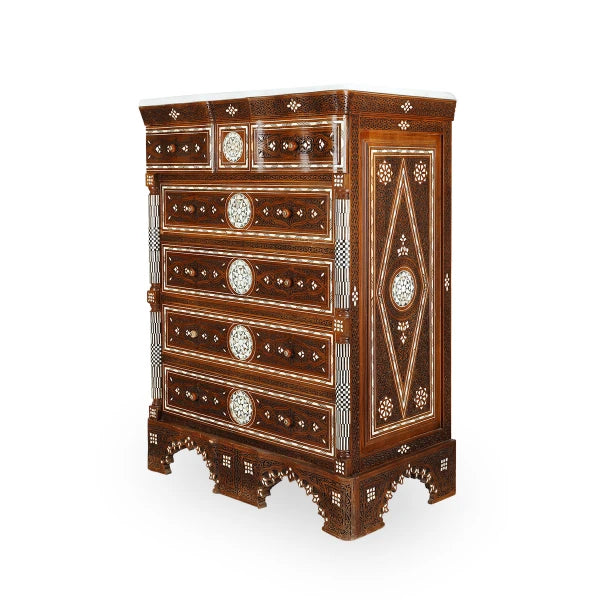 Angled Side View of Multi-Drawer Oriental-Design Console