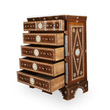 Angled Side View of Multi-Drawer Oriental-Design Console with Open Storage Drawers