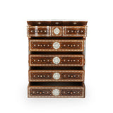 Front View of Multi-Drawer Oriental-Design Console with Open Storage Drawers