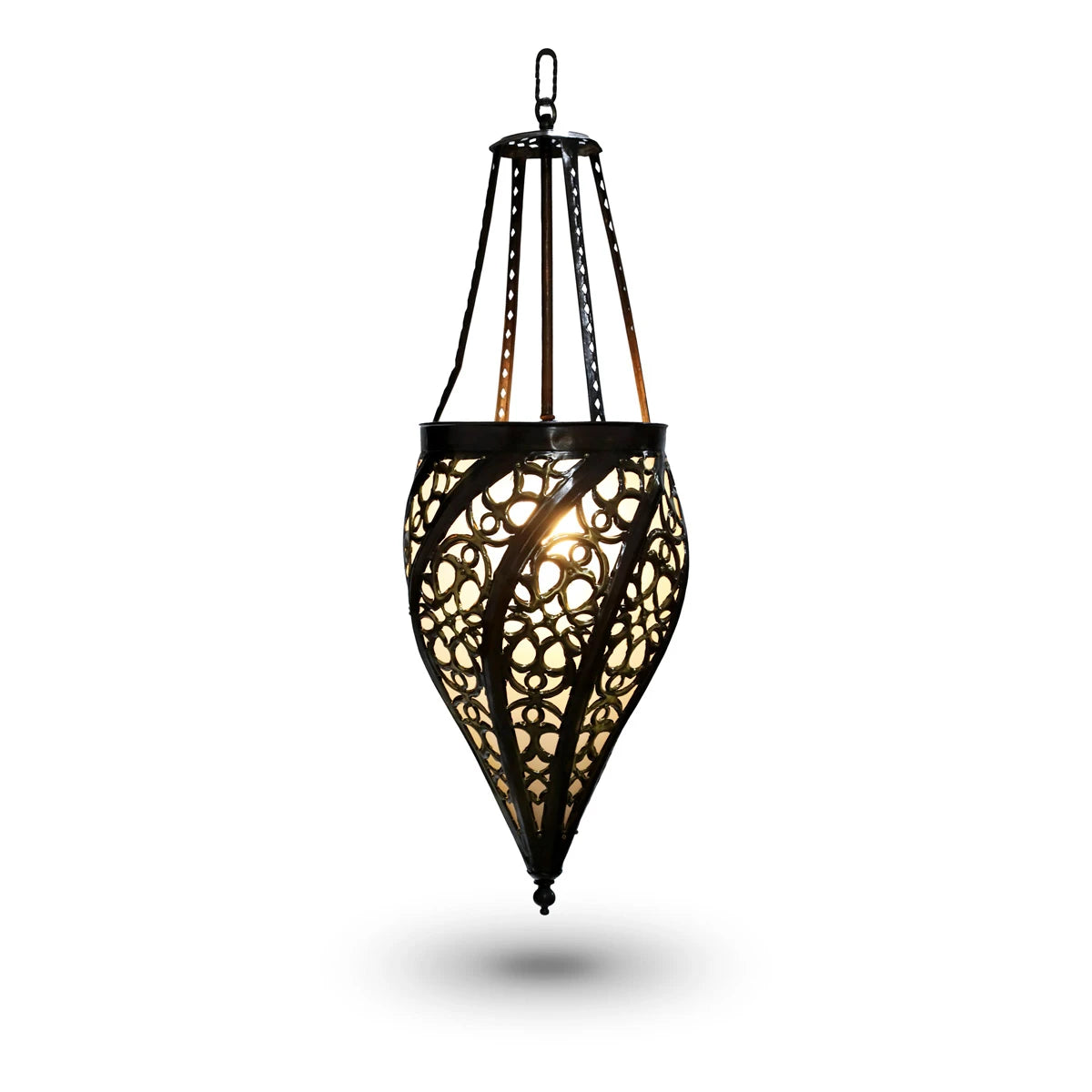 Front View of Nested Arabic Brass Light Pendant with Bulbs on