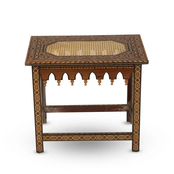 Side View of Netted Wooden Mosaic Flat Top Table Showing Marquetry Inlays and Woodwork