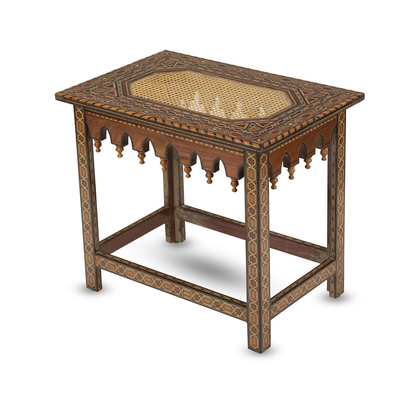 Angled Side View of Netted Wooden Mosaic Flat Top Table Showing Marquetry Inlays