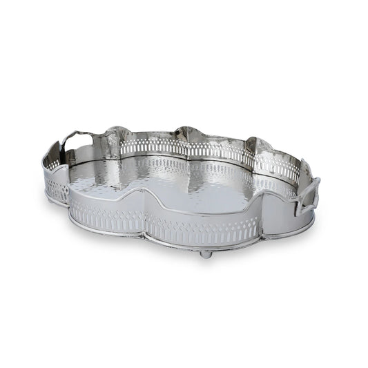 Angled Side View of Glossy Silver Nickeled Oval Tray  Showcasing Geometrical Cutwork & Hand hammered  Base Texture