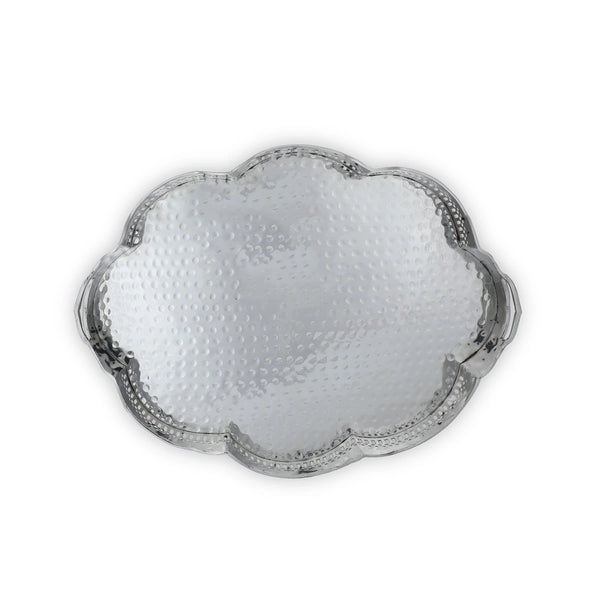 Top View of Glossy Silver Nickeled Oval Tray Showcasing Hand hammered Base Texture