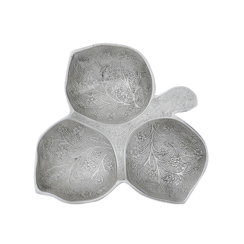 Top View of Leaf-Shaped Brass Snack Bowl's Glossy Silver