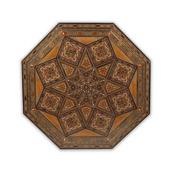 Table top View of Octagonal Syrian Mosaic Wood Table Showcasing Marquetry Inlays in Traditional Star Shap Pattern