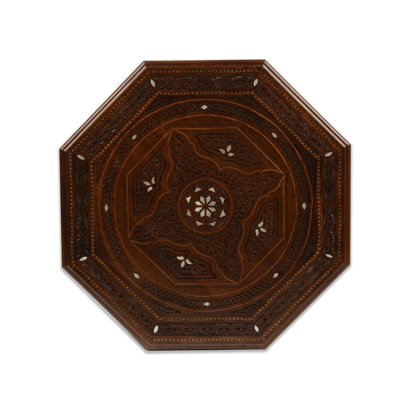 Table Top View of Octagonal Flat Top Brown Table