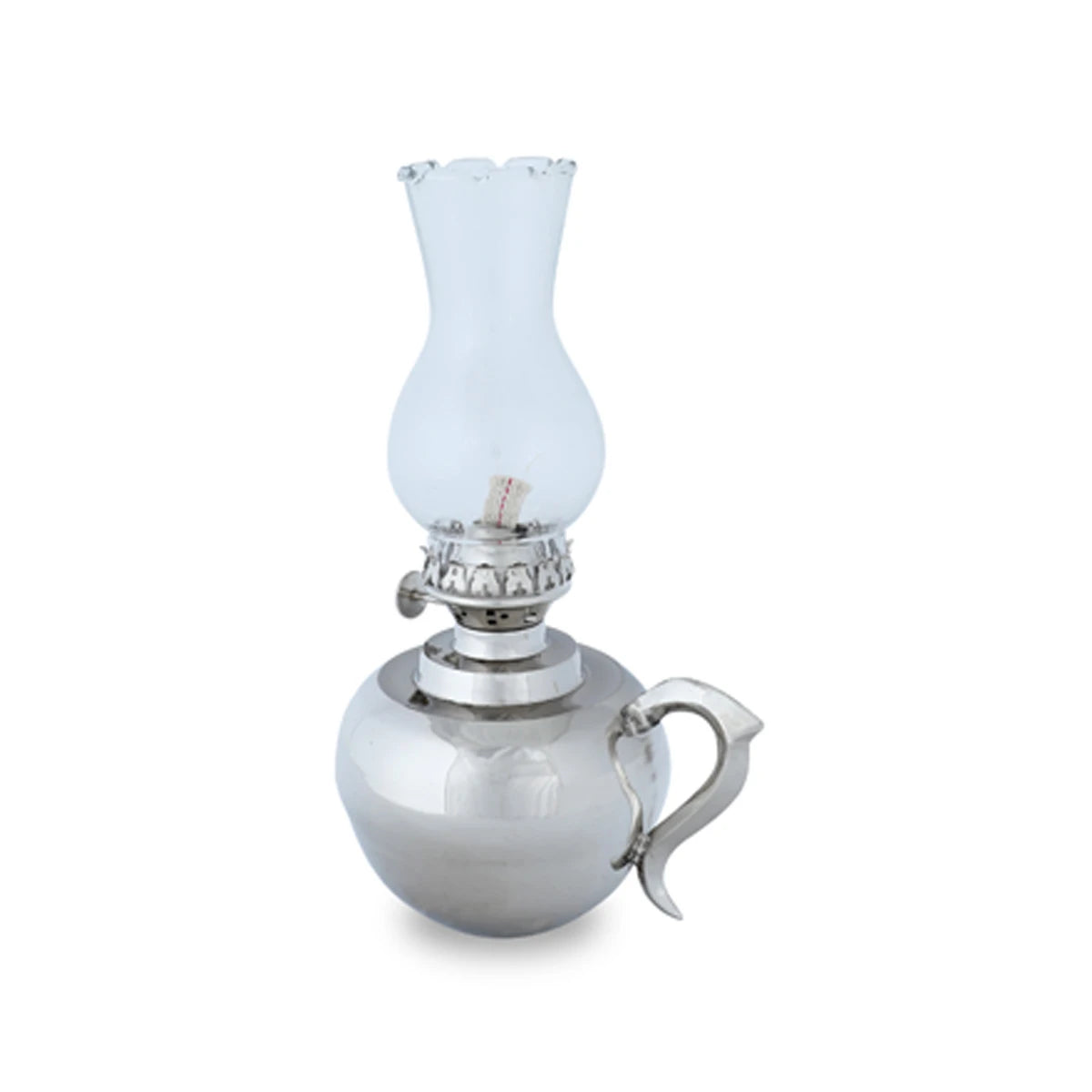 Angled View Oil Lamp With Glass Chimney - Glossy Silver