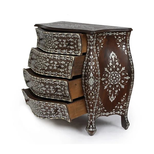 Angled Side View of Oriental Syrian Design 4 Drawer Chest with Open Storage Drawer