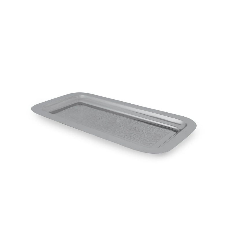 Side View of Ornamental Brass Rectangular Tray - Silver