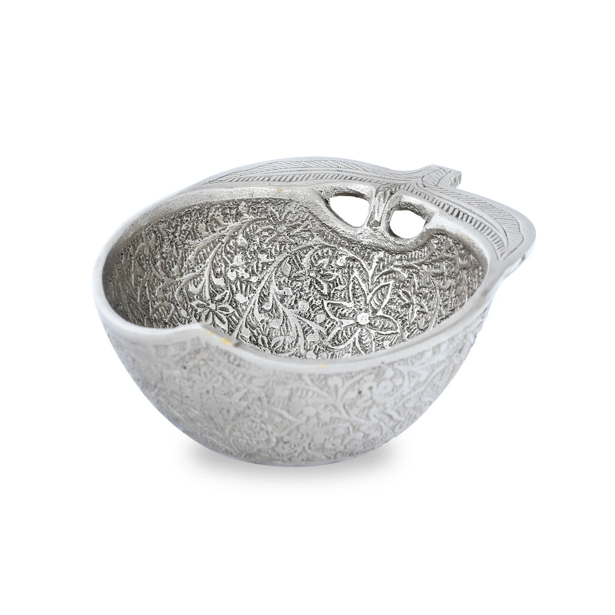 Angled Front View of Ornate Brass Bowl - Silver