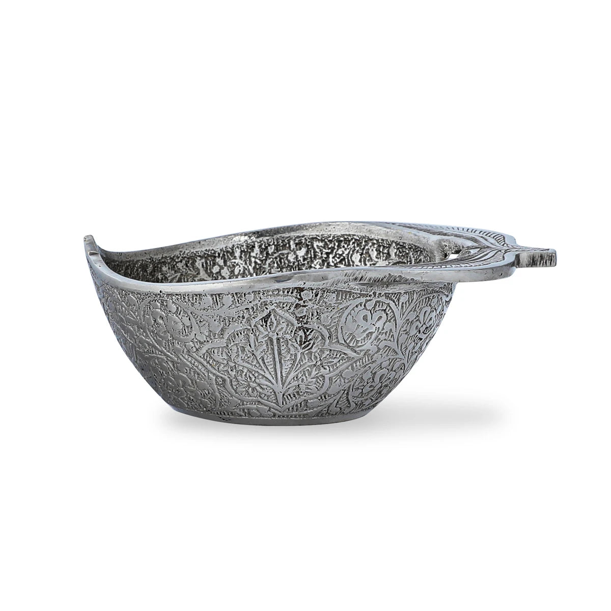 Side View of Ornate Brass Bowl - Silver
