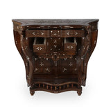 Front View of Patterned Wood & Mother of Pearl Console Showcasing open Storage Drawers