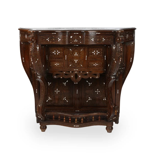 Front View of Patterned Wood & Mother of Pearl Console