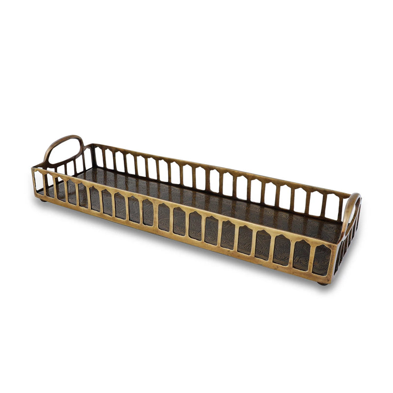 Angled Side View of Rectangular Brass Tray - Brown