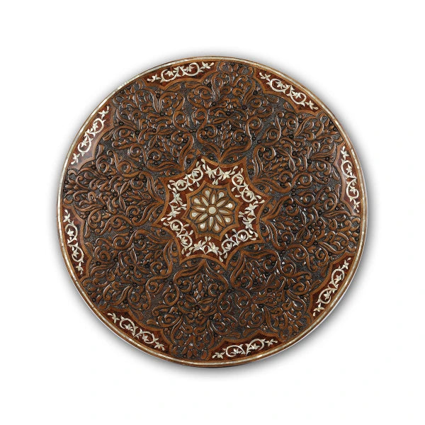 Table Top View of Round Carved Wooden Mother of Pearl Inlaid Table Showcasing Exquisite Carvings