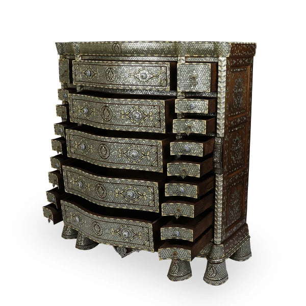 Angled Front View of Royal Arabian Multi-Drawer Console with Open Storage Drawer