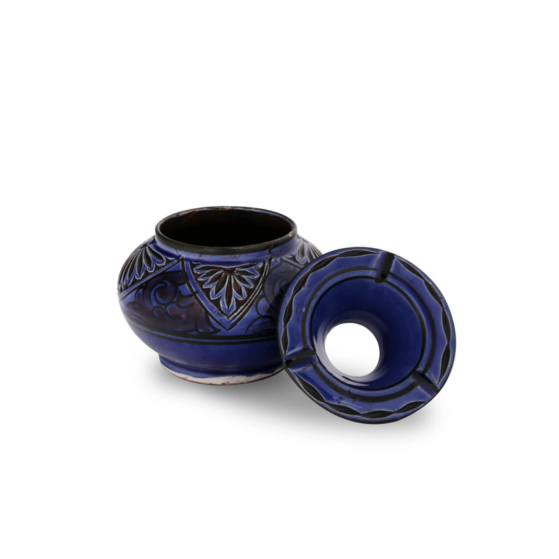 Front View of Sculpted Azure Blue Ashtray with Open Lids
