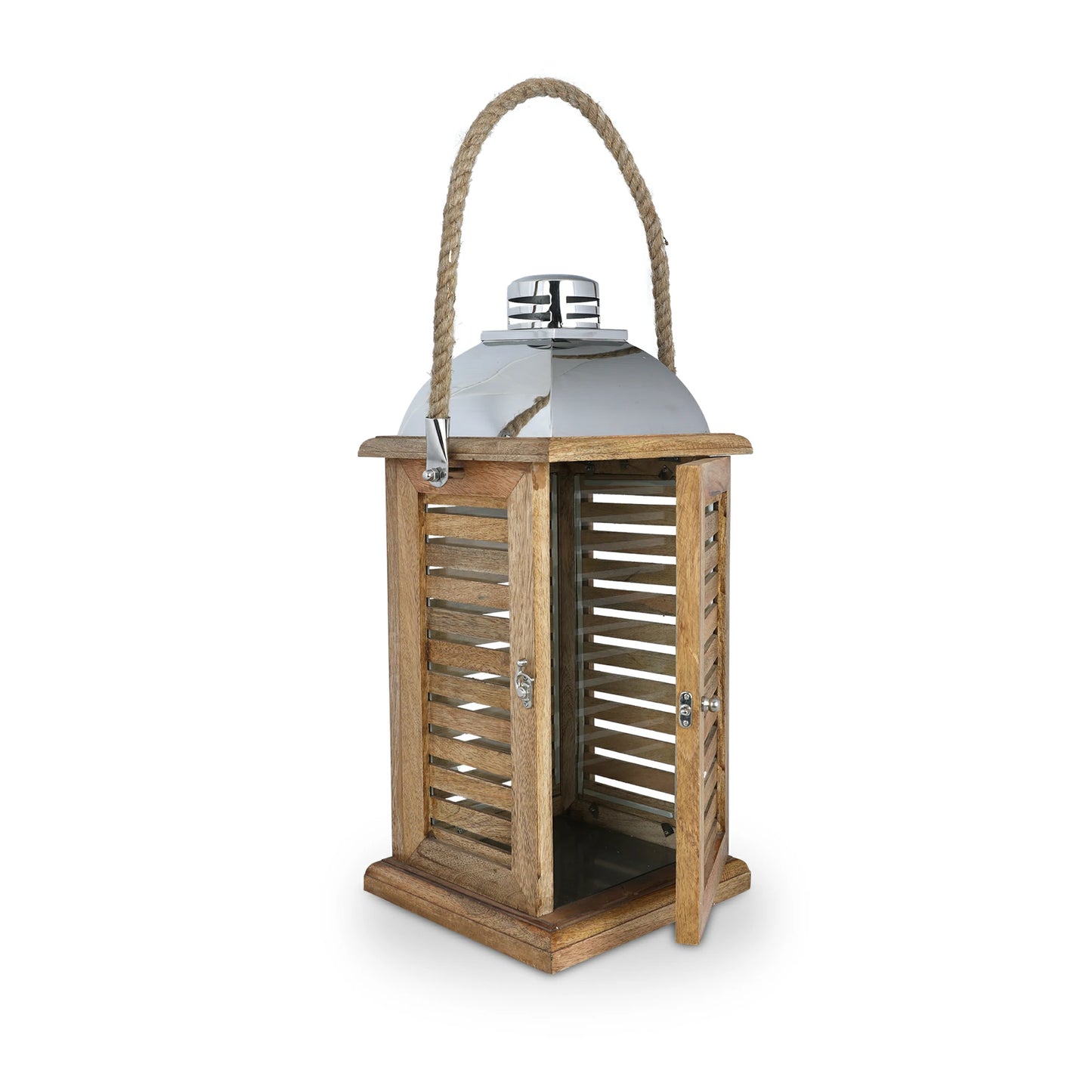 Wooden Framed Shutter Style Large Candle Floor Lantern with Roped Handles