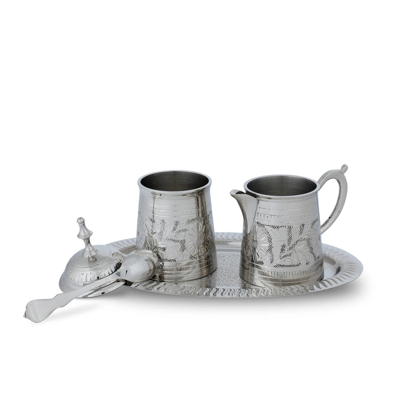 Front View of Silver Brass Creamer Set with Open Top