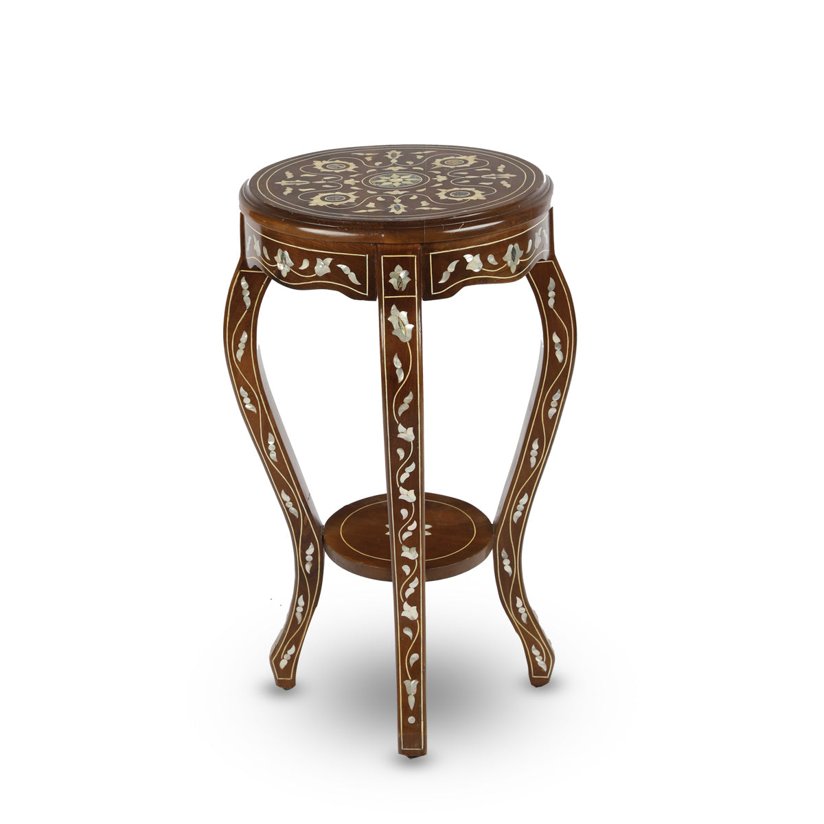 Angled Top View of Sleek Brown Coffee Table with Mother of Pearl Inlay