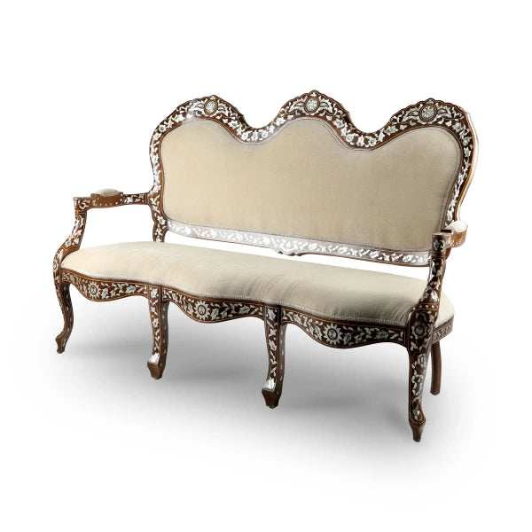 Angled Side View of Soft Cushioned Syrian Sofa Showcasing Mother of Pearl Inlay Patterns & Off-White Fabric Upholstery