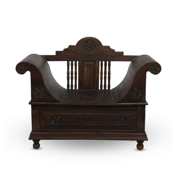 Front View of Solid Hand-Carved Wooden Bench