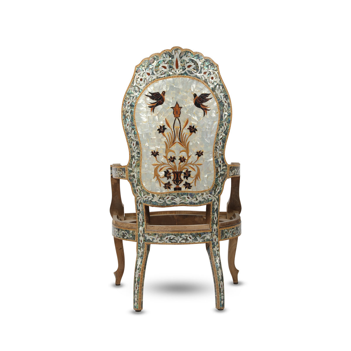Back View of Solid Artistic Single Seater Sofa Showcasing Exquisite Bird & Tulip Patterns Inlaid