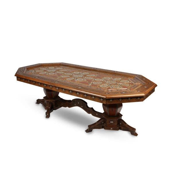 Angled Side View of Solid Edged Wooden Mosaic Pedestal Table Showcasing Marquetry, Mother of Pearl & Camel Bone Inlays