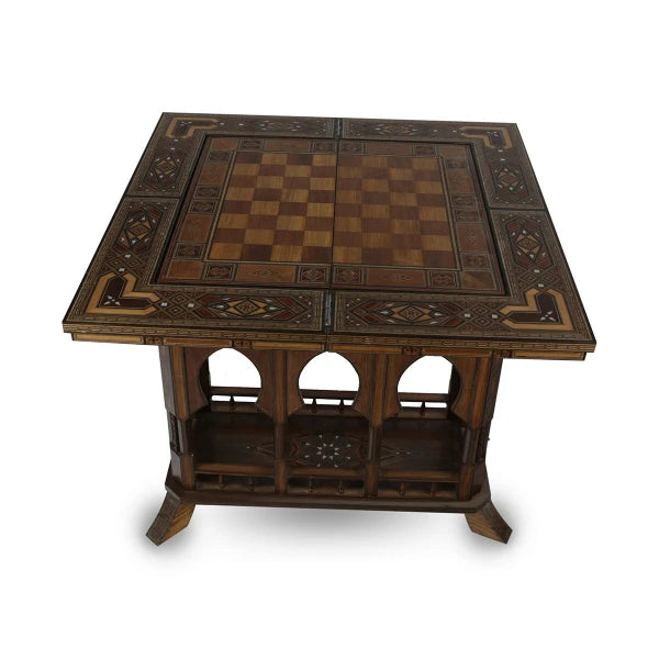 Angled Top View of Solid Mosaic Wood Backgammon and Chess Table Showcasing Chess Game Board with Exquisite Marquetry Inlays