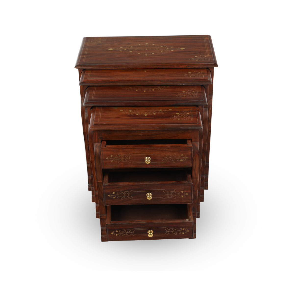 Front View of Solid Set of Four Tables Showcasing Open Storage Drawers
