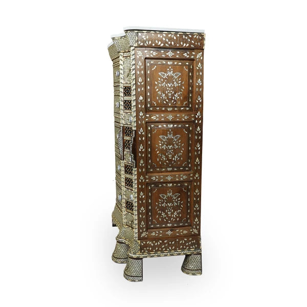 Side Panel View of Solid Syrian Multi-Drawer Console Showcasing Open Storage Drawers Showcasing Mother of Pearl Inlays in Floral Design
