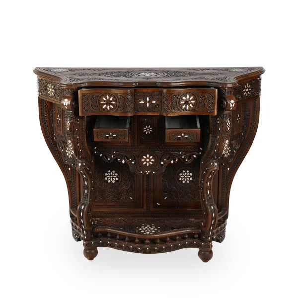 Front View Solid Wood Console with Mother of Pearl Inlays Showcasing Open Storage Drawers