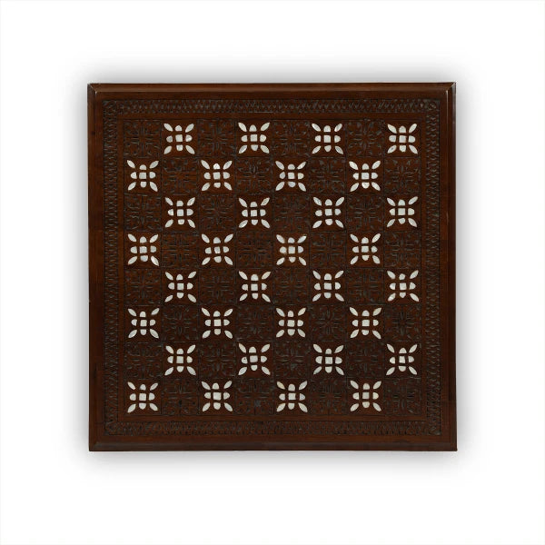 Top View of Solid Wooden Coffee Table with Open Storage Drawer Showcasing Seamless Inlay Patterns