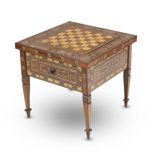 Angled Top View of Square Mosaic Gaming Table with Drawers Showcasing Chess Board