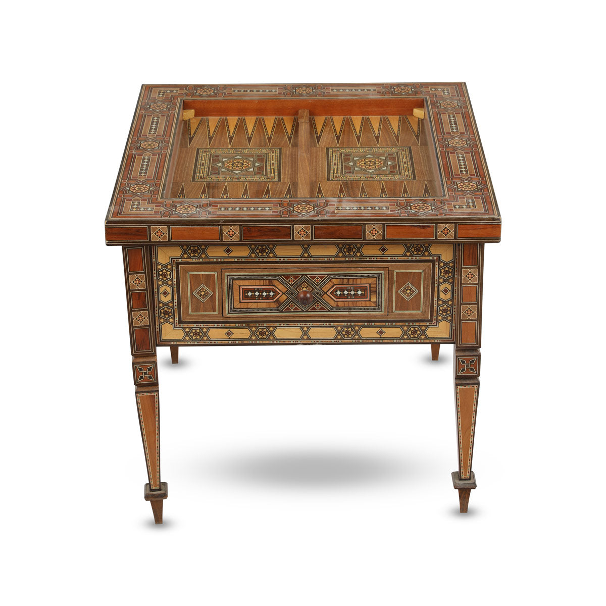 Angled Side View of Square Mosaic Gaming Table with Drawers Showcasing Backgammon Board