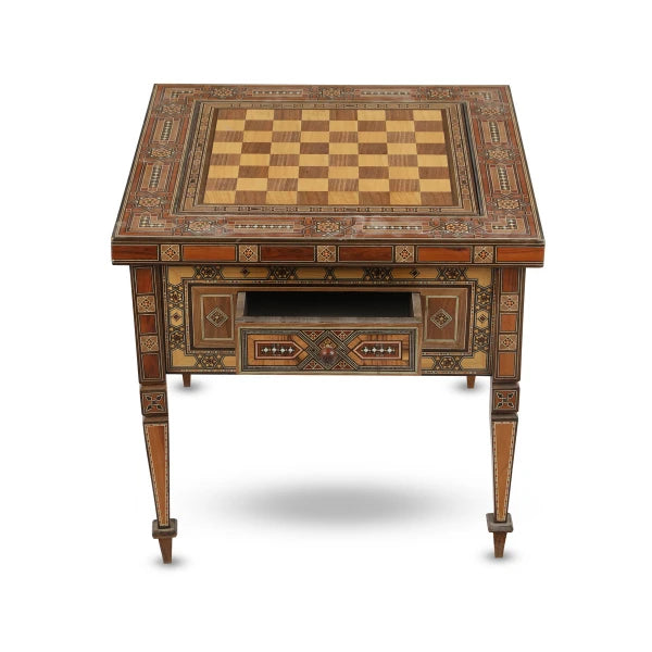 Angled Side View of Square Mosaic Gaming Table with Drawers Showcasing Chessboard Top