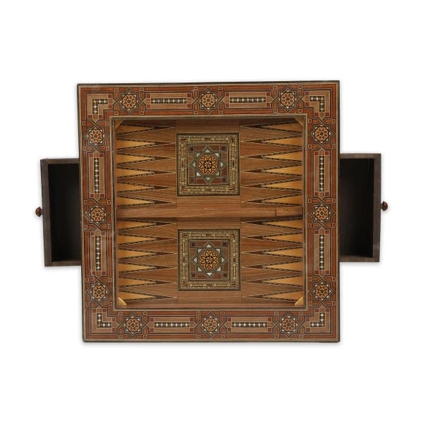 Top View of Square Mosaic Gaming Table with Drawers Showcasing Backgammon with Open Storage Drawer