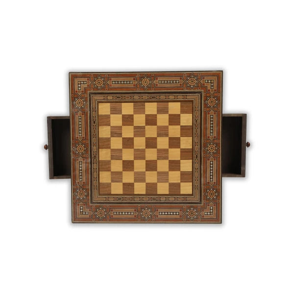 Top View of Square Mosaic Gaming Table with Drawers Showcasing Chess Board with Open Storage Drawer