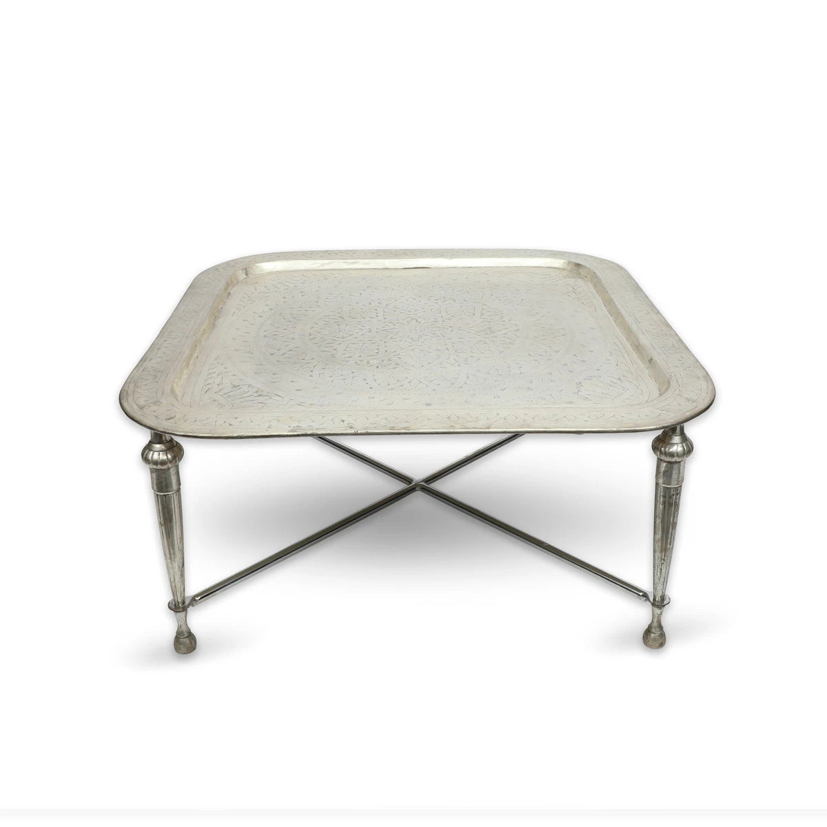 Angled Front View of Squared Antique Brass Table - Silver