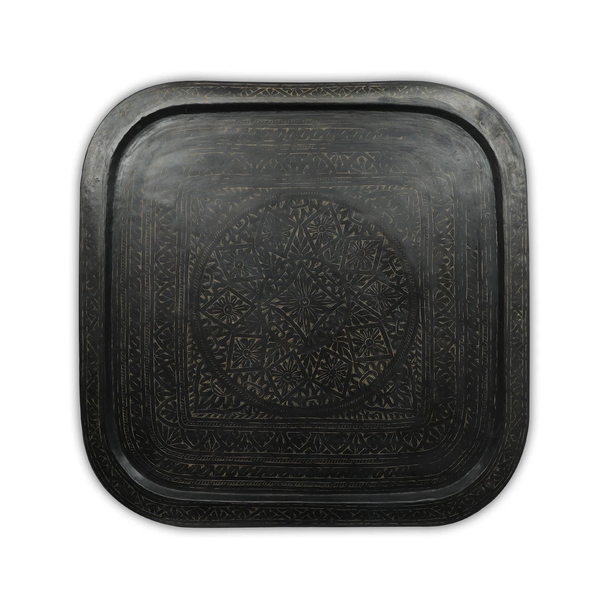 Table Top View of Squared Brass Table Showcasing fine patination on the carvings