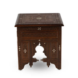 Side View of Squared Flat Top Coffee Table Showcasing Intricate Woodwork & Mother of Pearl Inlays